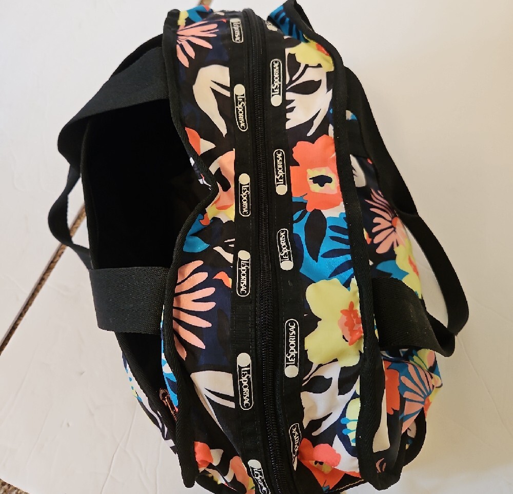 Le Sport Sac Black Floral Canvas Travel Duffel Bag - Women's Weekender - Picture 11 of 14